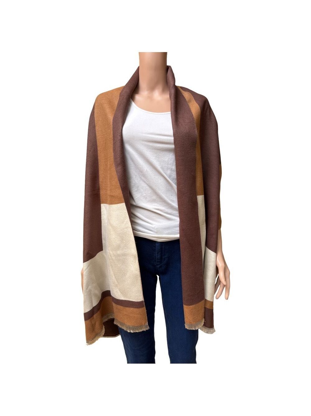 Big Beautiful Colorblock Brown and Cream Wrap or Scarf with fringe hem